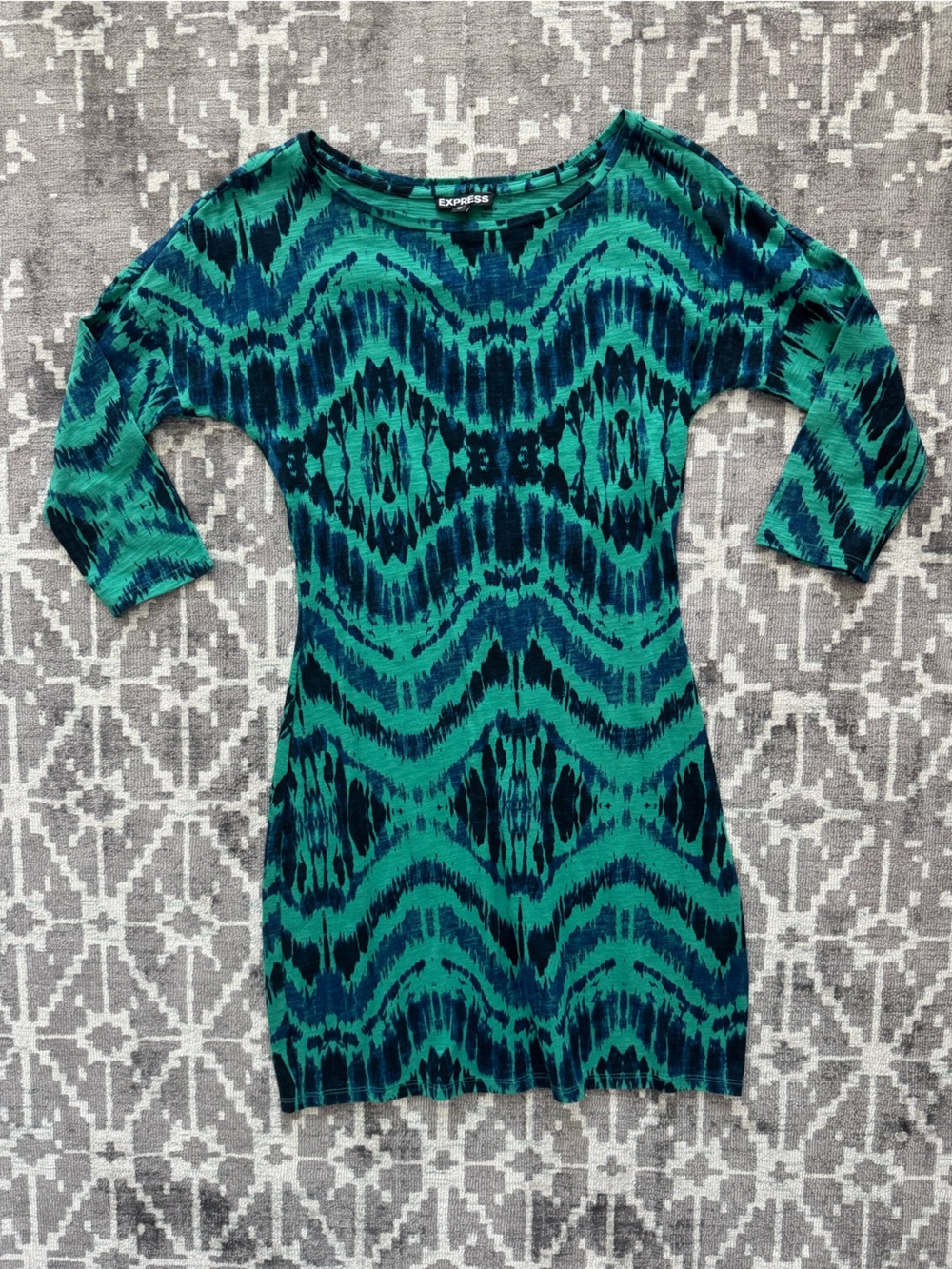 Express XS Green Blue Ikat Print Bodycon Dress 3/4 Sleeve NWT